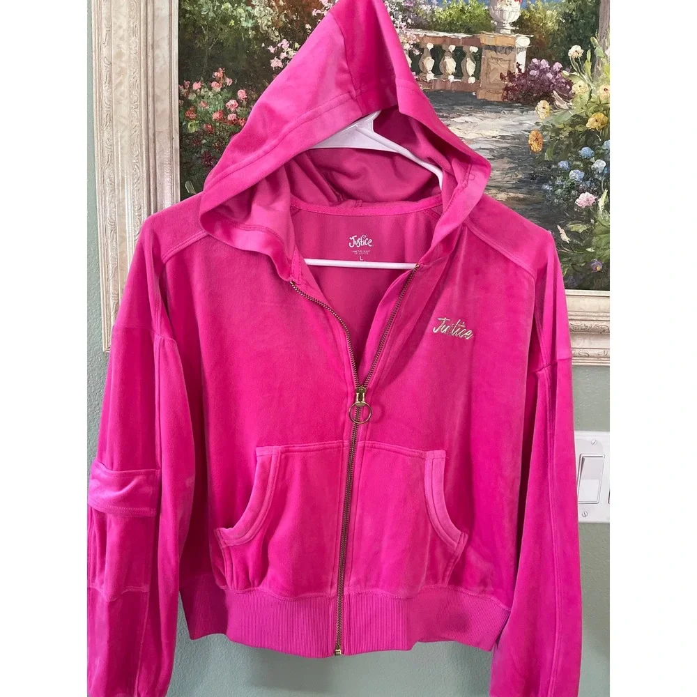 Justice Girls Pink Velour Full-Zip Cropped Hoodie Cargo Pocket Size Large